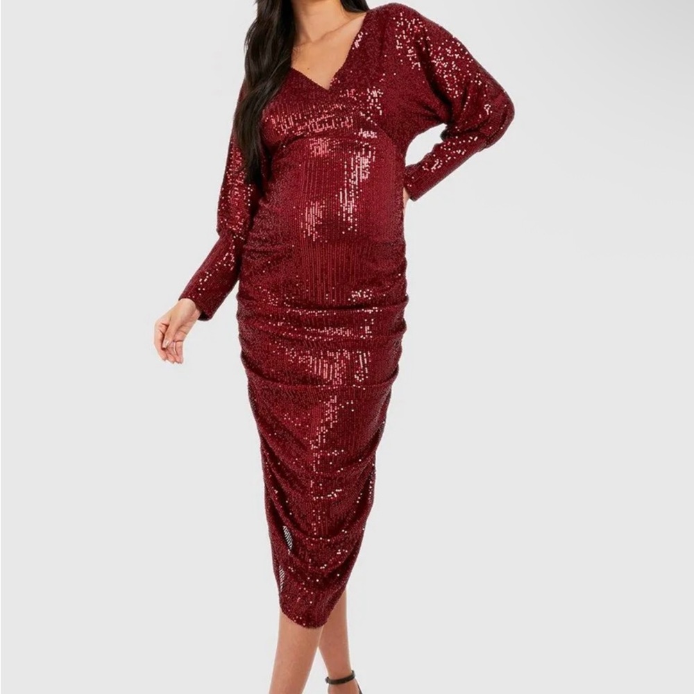 Boohoo Maternity Burgundy Sequin Midi Dress